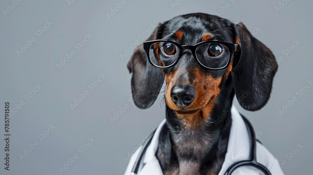 Portrait of dachshund dog wearing glasses and doctor uniform or doctor gown with stethoscope Isolated on clean background. Copyspace on the left. --ar 16:9