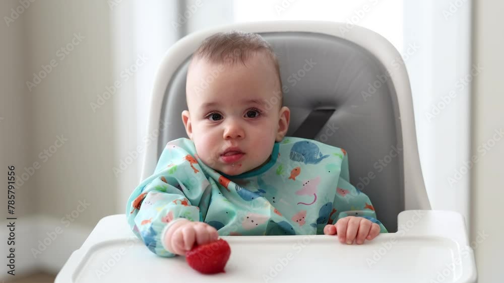 Cute Baby Boy Sitting in High Chair Eating a Strawberry. Home, Mealtime. Cute Baby Boy Sitting in High Chair Eating a Strawberry. Home, Mealtime.