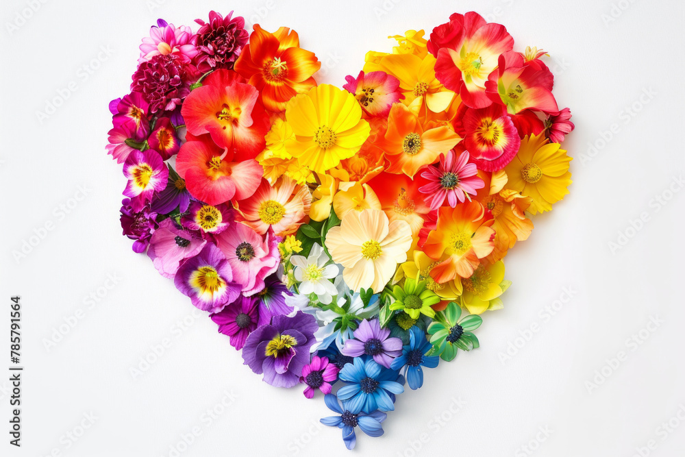 Colorful rainbow heart made by flowers isolated on white background. LGBTQ, pride month concept.  Comic style illustration.