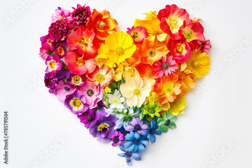Colorful rainbow heart made by flowers isolated on white background. LGBTQ, pride month concept.  Comic style illustration.