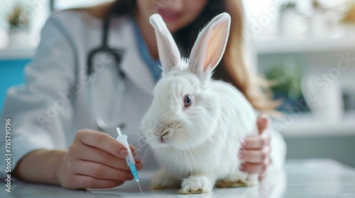 A fluffy white rabbit peeks curiously over the shoulder of their owner a female vet as she readies a syringe for their checkup. . photo