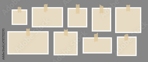 Set of photo frames glued on adhesive tape. Mood board template for mockup, poster design, banner, flyer, brochure. Empty square and rectangle paper note pieces collection. Vector blank memo pack photo