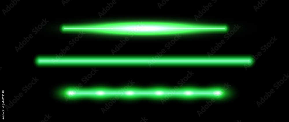 Fototapeta premium Green neon tube lamp set. Glowing led light line beam collection. Bright luminous fluorescent bar stick lines. Shining strip element pack to divide, separate, decorate. Vector illustration