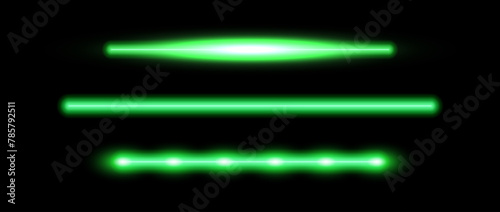 Green neon tube lamp set. Glowing led light line beam collection. Bright luminous fluorescent bar stick lines. Shining strip element pack to divide, separate, decorate. Vector illustration