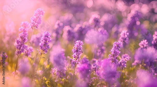 Wild Flowers in a Meadow with Lilac and Purple Tones in Spring Sunlight photo