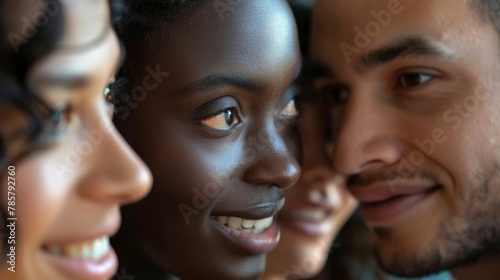 A translator with a kind smile softly whispering words of translation to a group of individuals each one leaning in to hear. .