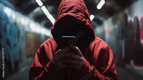 A mysterious person in a red hoodie is engrossed in their smartphone in a dimly lit subway, evoking themes of crime and cyber secrecy