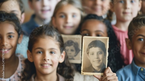 A group of students eagerly gather around their teacher who is holding up two class photos side by side one from their early teaching years and the other a more recent one. The students .