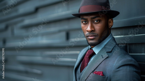 A dapper black man exudes sophistication in a tailored suit and fedora hat his piercing gaze and strong jawline embodying the essence of black masculinity and elegance. . photo