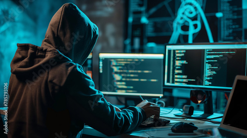 An intensely focused cyber crime mastermind at work with glowing screens depicting complex coding sequences