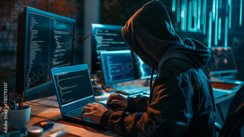 A mysterious figure in a dark room with multiple screens illustrates the concept of cyber crime through the eyes of a hacker photo