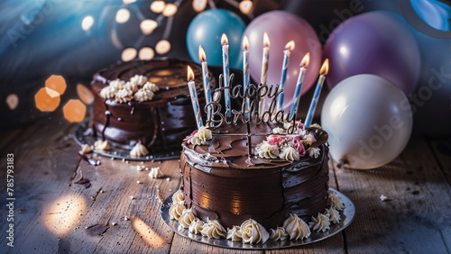 Charming Birthday Celebration: Chocolate Cakes and Colorful Balloons in a Photo Studio.