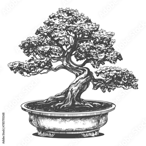 bonsai tree images using Old engraving style body black color only