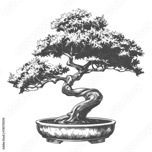 bonsai tree images using Old engraving style body black color only