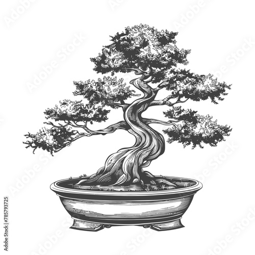 bonsai tree images using Old engraving style body black color only