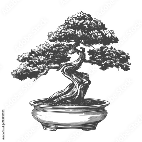 bonsai tree images using Old engraving style body black color only