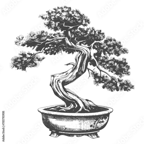bonsai tree images using Old engraving style body black color only