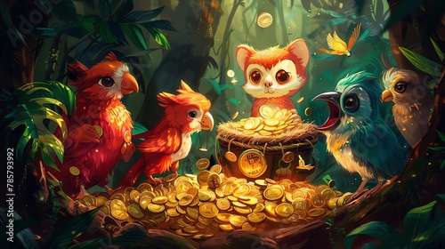 Imagine a colorful 2D illustration where animals come together to protect their treasure trove of coins