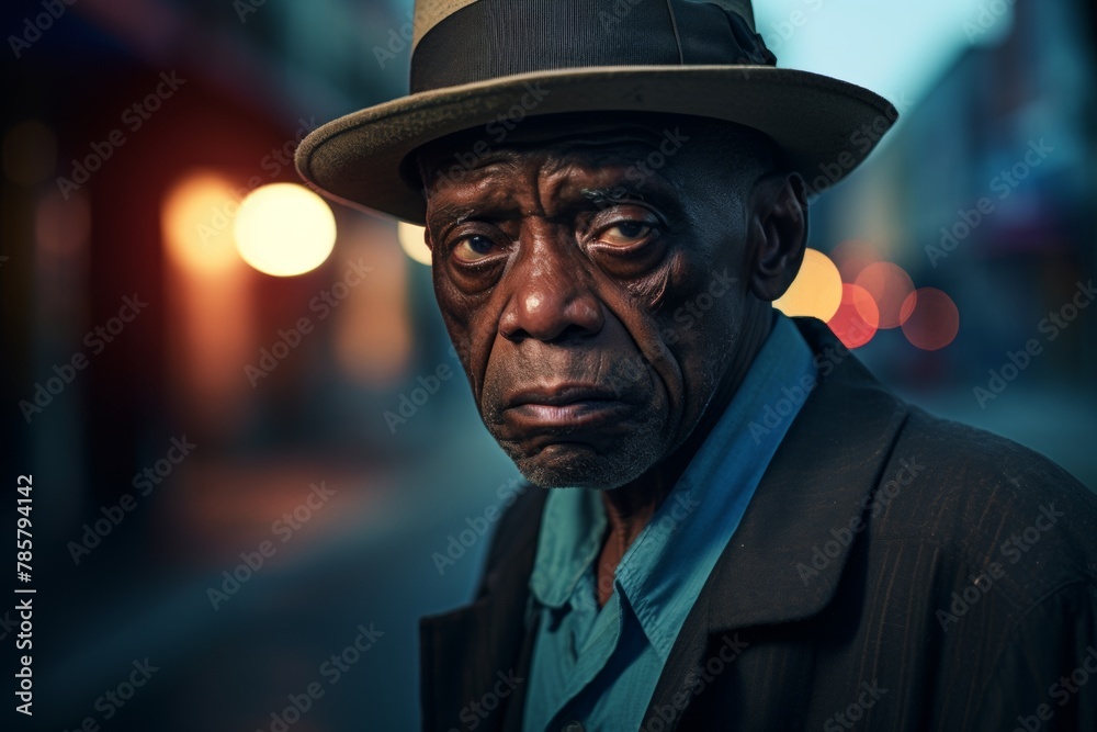 Mature elderly man serious face sad angry on city street