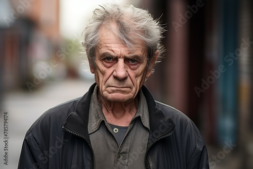 Mature elderly man serious face sad angry on city street