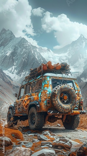 Imagine a rugged vehicle adorned with intricate animal designs, traversing the vast landscapes of the minds eye