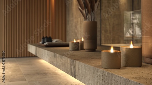 A warm organic scent fills the air originating from leatherwrapped candles that are strategically p throughout the space. The calming scent paired with the touchable leather surfaces . photo