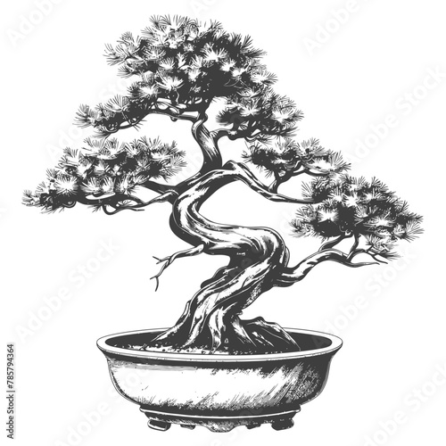 bonsai tree images using Old engraving style body black color only