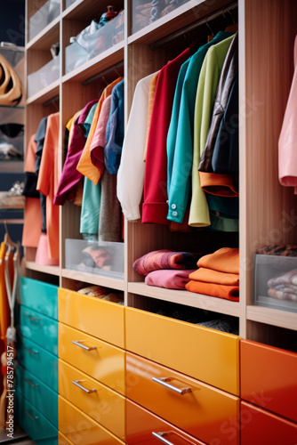 Colorful modern open closet with clothes of different rainbow colors