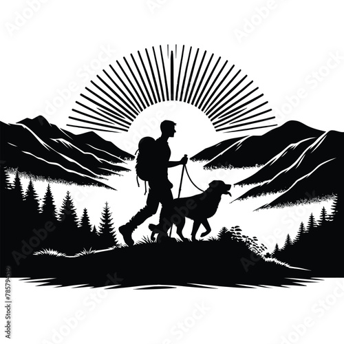 silhouette of a hiker and their dog hiking together on a mountain trail