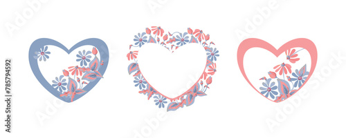 Three hearts with flowers. Vector illustration. 