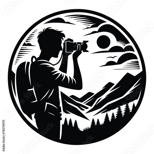 silhouette of a hiker with a camera photo