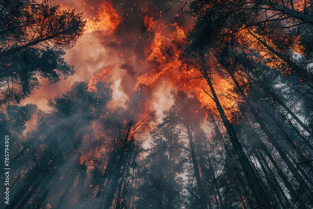Forest fire low angle view of tall trees. Deforestation and environmental problems concept