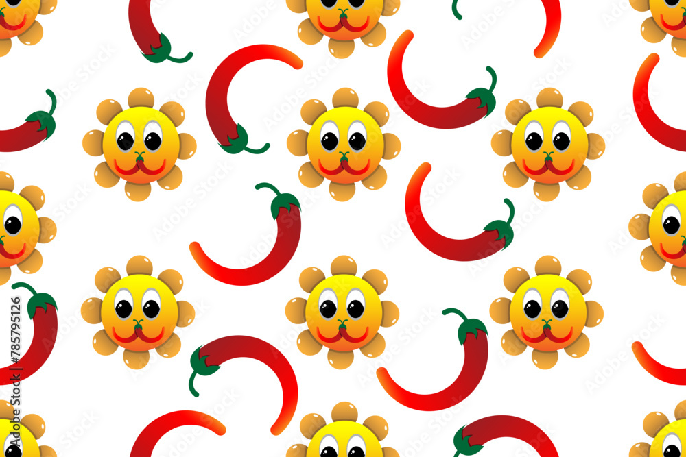 Seamless pattern tile cartoon with sun flowers and red chili illustration. Red Chili and sun flowers funny decorative pattern ornament background. Seamless pattern tile cartoon with sun flowers and red chili illustration. Red Chili and sun flowers funny decorative pattern ornament background.