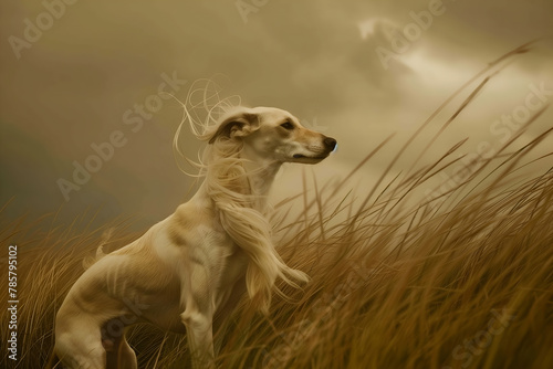 saluki dog with its hair blowing in the wind