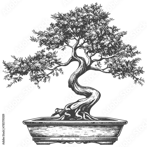 bonsai tree images using Old engraving style body black color only