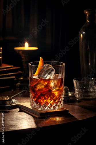 Old fashioned cocktail in a traditional glass on the table in a dark lounge