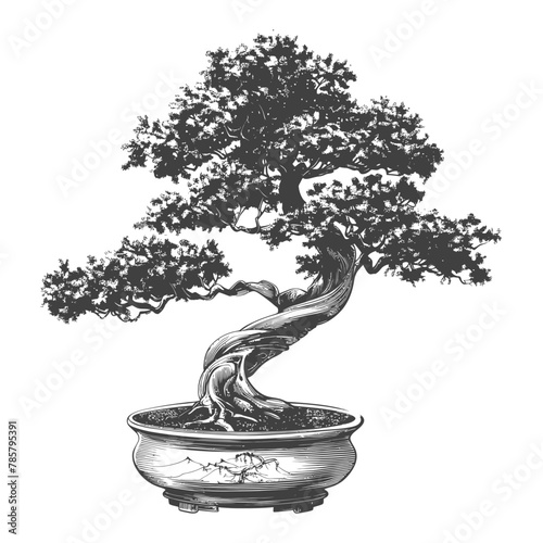 bonsai tree images using Old engraving style body black color only