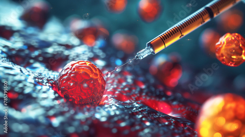 Syringe injection with red virus cell and immune system, medical theme background,. AI Generative photo