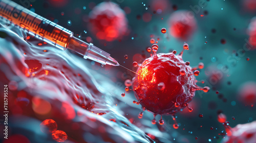 Syringe injection with red virus cell and immune system, medical theme background,. AI Generative