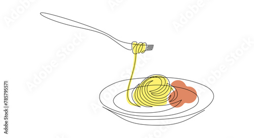 Pasta and spaghetti in One Continuous line drawing. Italy noodle on plate with fork for banner and food delivery service in simple linear style. Editable stroke. Doodle outline Vector illustration