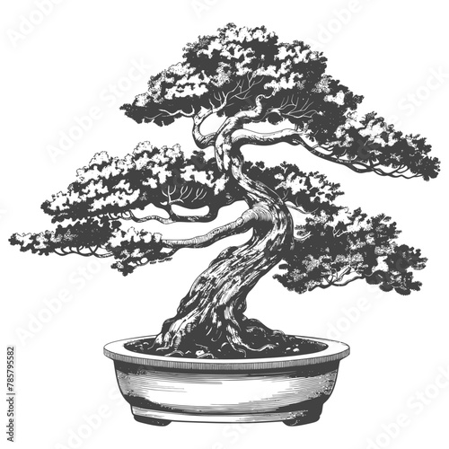 bonsai tree images using Old engraving style body black color only