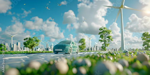 Electric car and wind turbines . photo