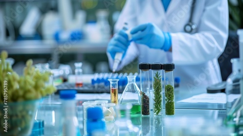 A modern laboratory setting with scientists in lab coats preparing samples of organic materials for biofuel production. The scene depicts the important research and development aspect .