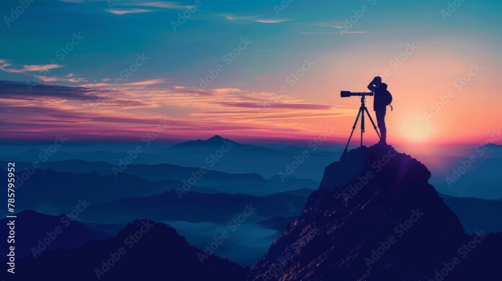 Fototapeta premium A silhouette of a person standing on top of a mountain looking out into the distance with a telescope in hand. The vast open landscape represents the endless pursuit of truth and the .