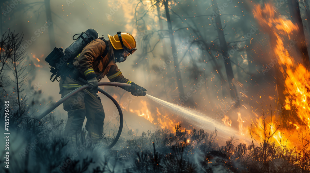 A firefighter pours water on a forest fire. The scene is tense and dangerous as the fire spreads quickly. A firefighter pours water on a forest fire. The scene is tense and dangerous as the fire spreads quickly.
