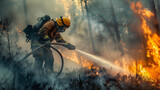 A firefighter pours water on a forest fire. The scene is tense and dangerous as the fire spreads quickly.