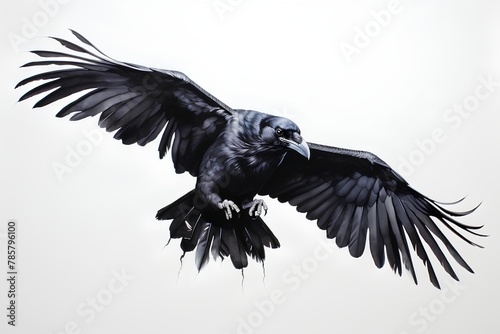 3d rendering of a black crow flying isolated on white background. © hungryai