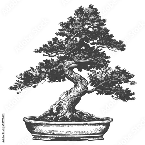bonsai tree images using Old engraving style body black color only