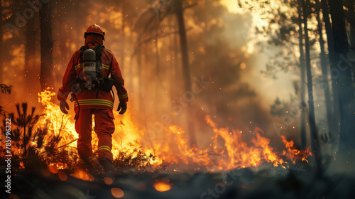 A firefighter in a red protective suit walks through a burning forest. A firefighter is trying to put out the flames
