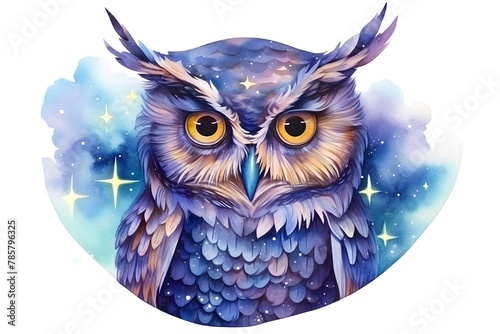 Watercolor owl with stars. Hand drawn illustration isolated on white background.